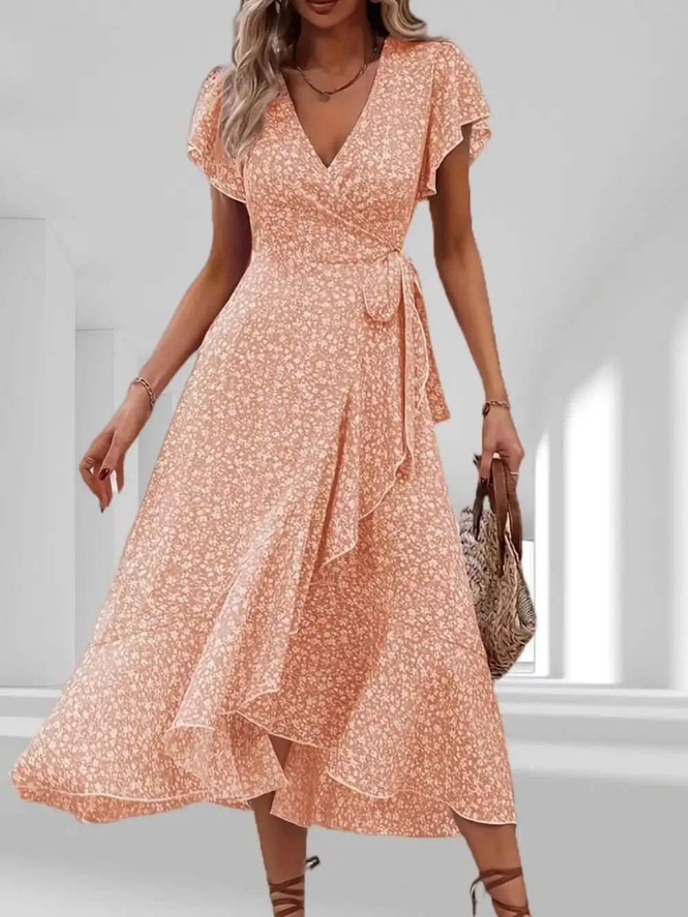 Print Ruffle Hem Wrap Midi Dress