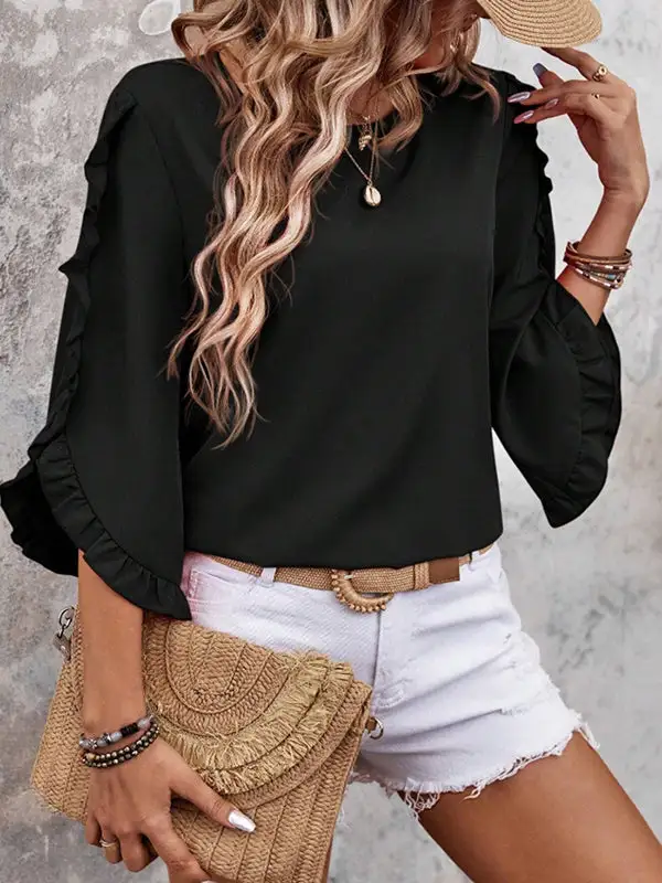 Relaxed Three Quarter Sleeves Ruffle Trim Round Neck T-Shirt