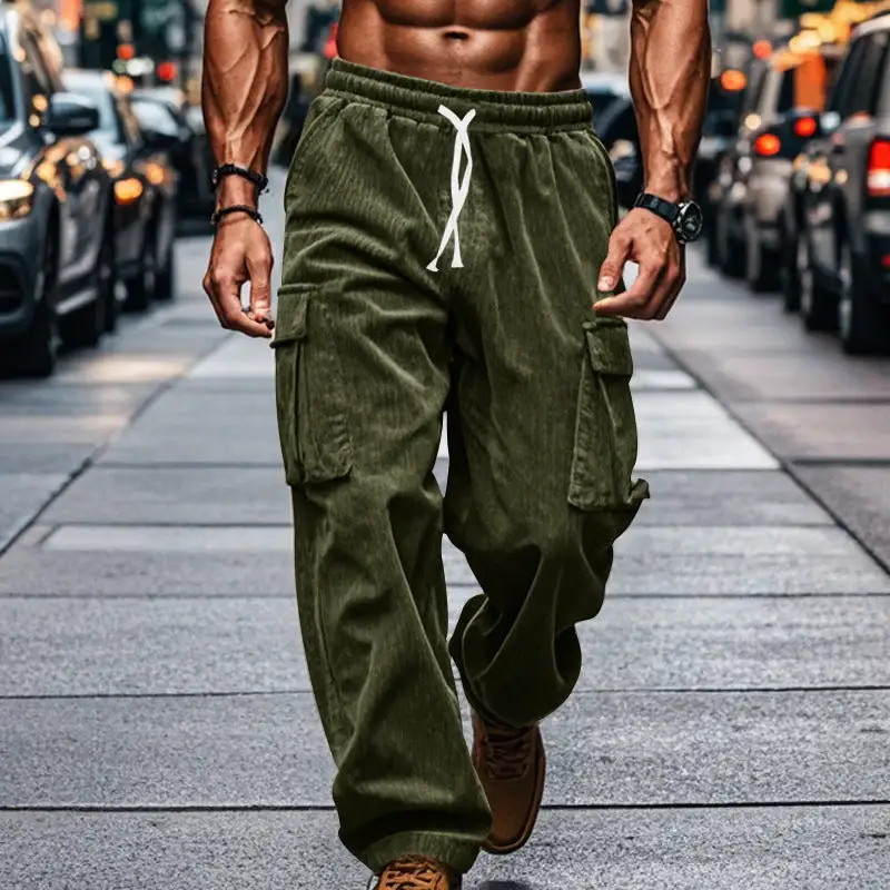 Men's Loose Corduroy Cargo Pants Waistband Pockets