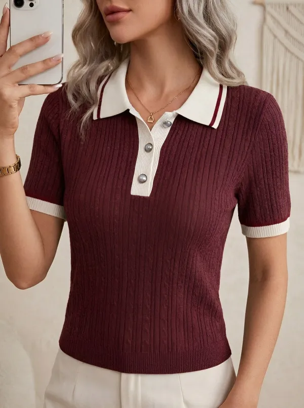 Women's Ribbed-Knit Ribbed Contrast-Trim Polo Shirt