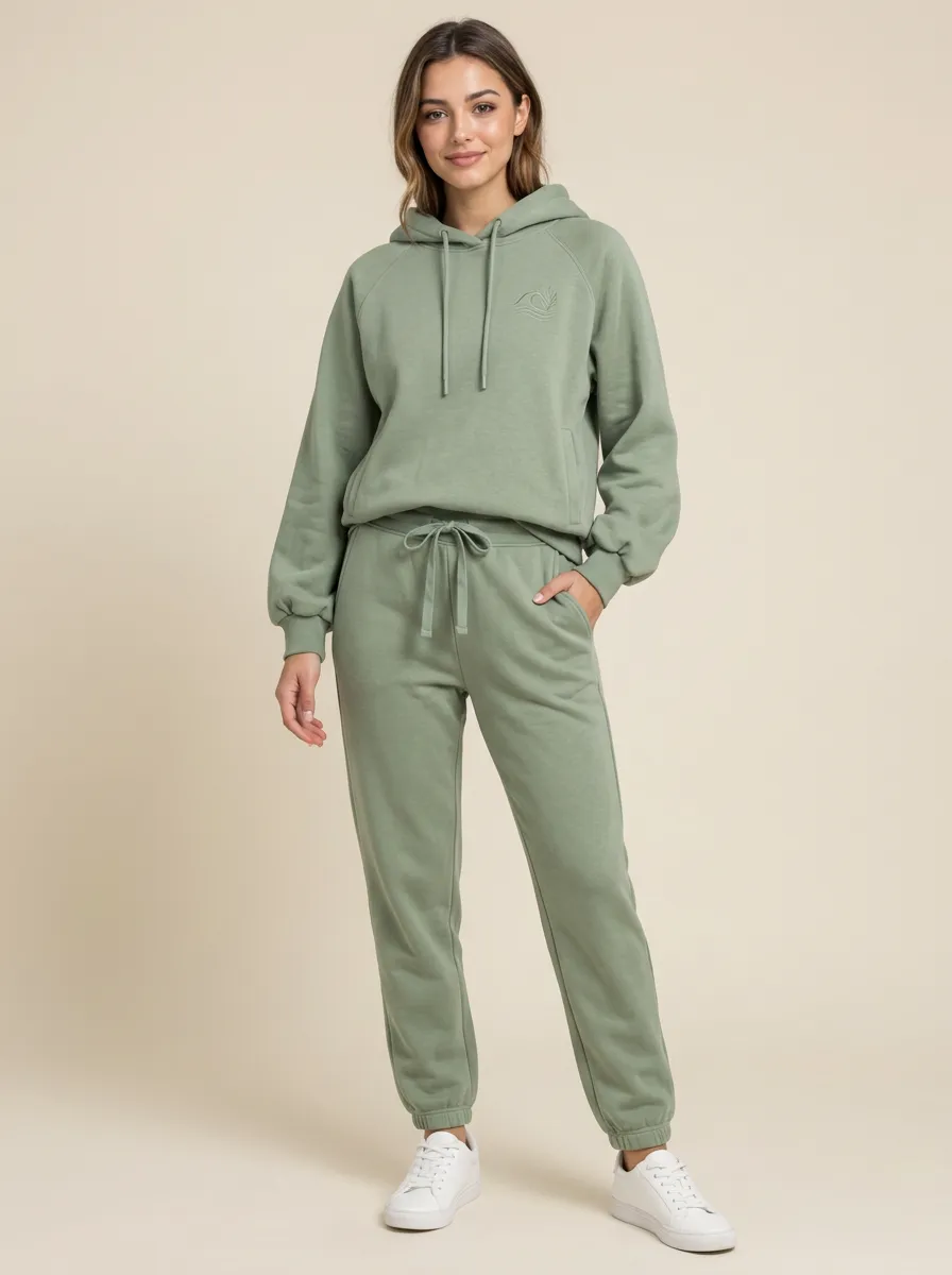 Women's Sage Green Relaxed Fit Drawstring Hood Solid Hoodie & Jogger Pants Set