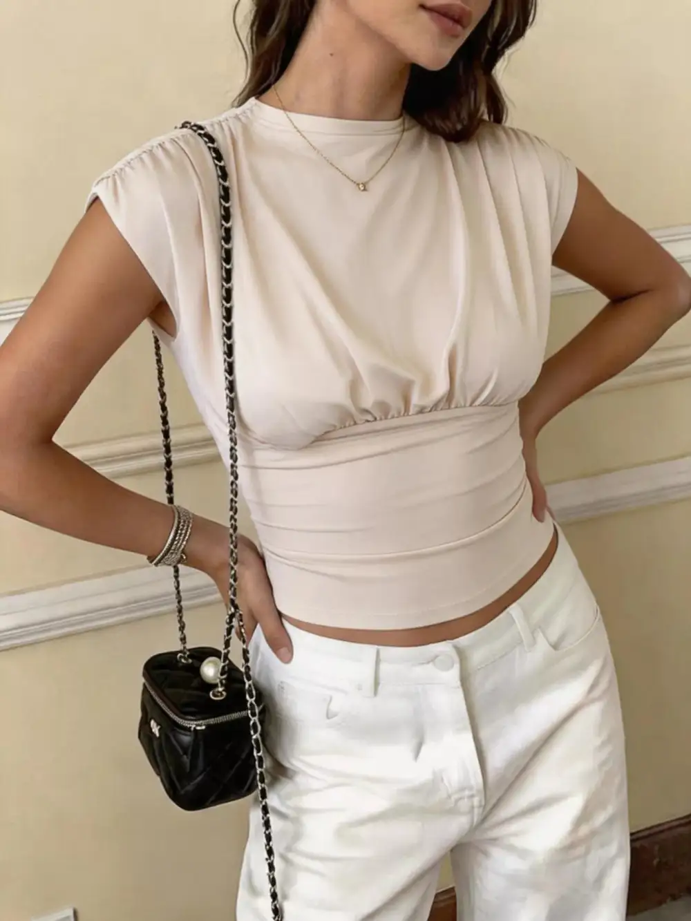 Ruched-Waist Cap-Sleeve Casual Top