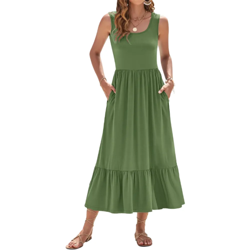 Women's Square Neck Sleeveless Floral Tiered Maxi Dress With Pockets
