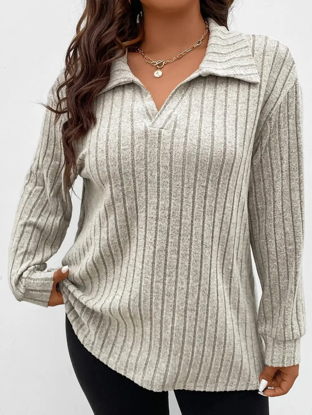 Plus Size Ribbed V-Neck Long Sleeve Tee