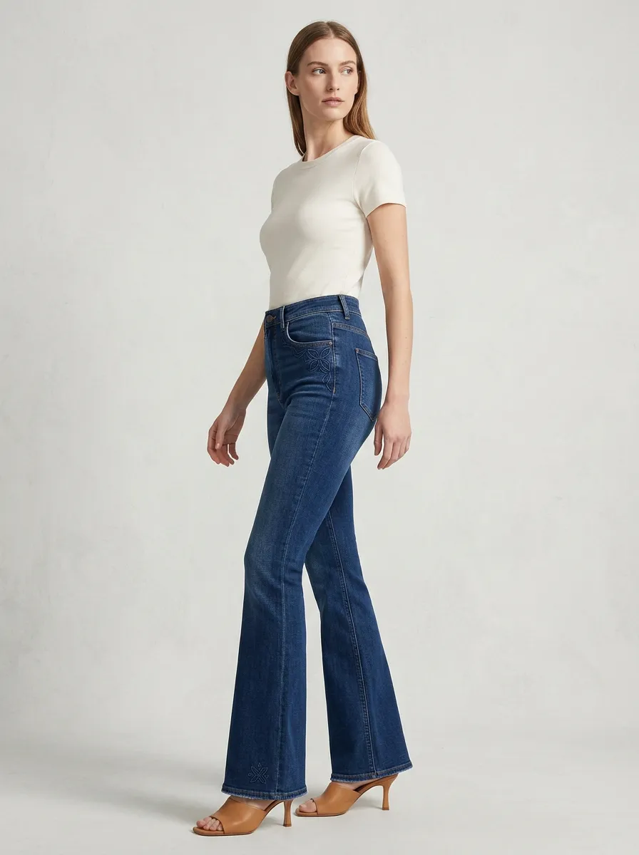 Women's Classic Floral Embroidered Stitch Detail High Rise Flare Jeans