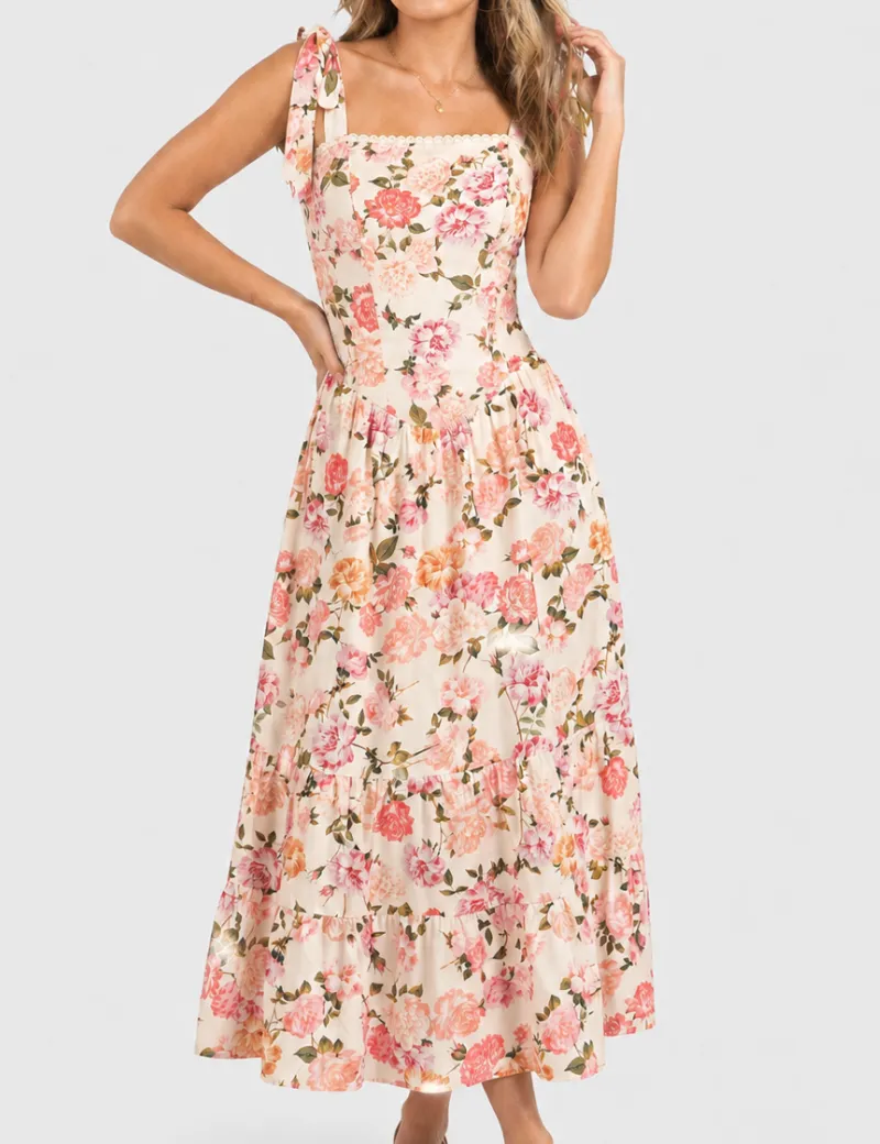 Strap Lace Trim Square Neck Midi Dress