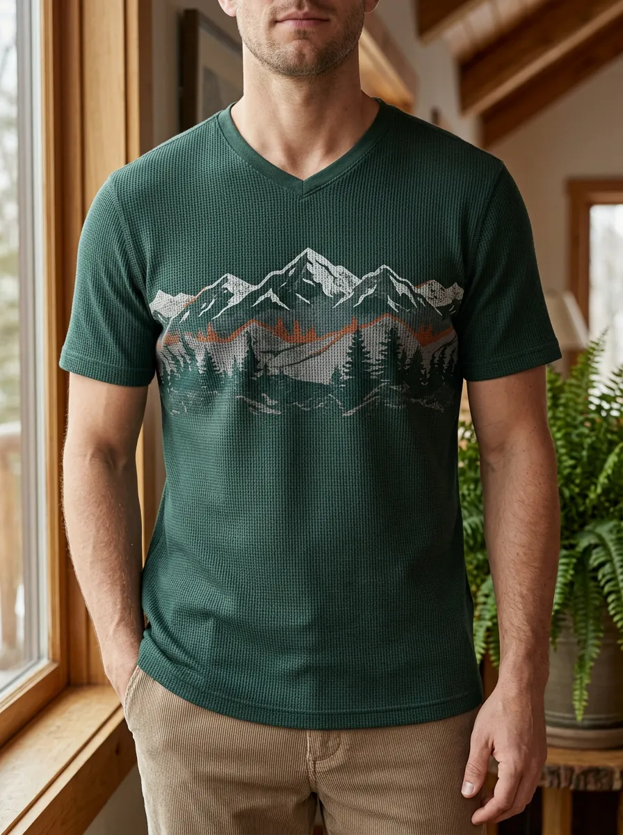 Men's Scenic Nature Lover Mountain Forest Waffle V-Neck T-Shirt