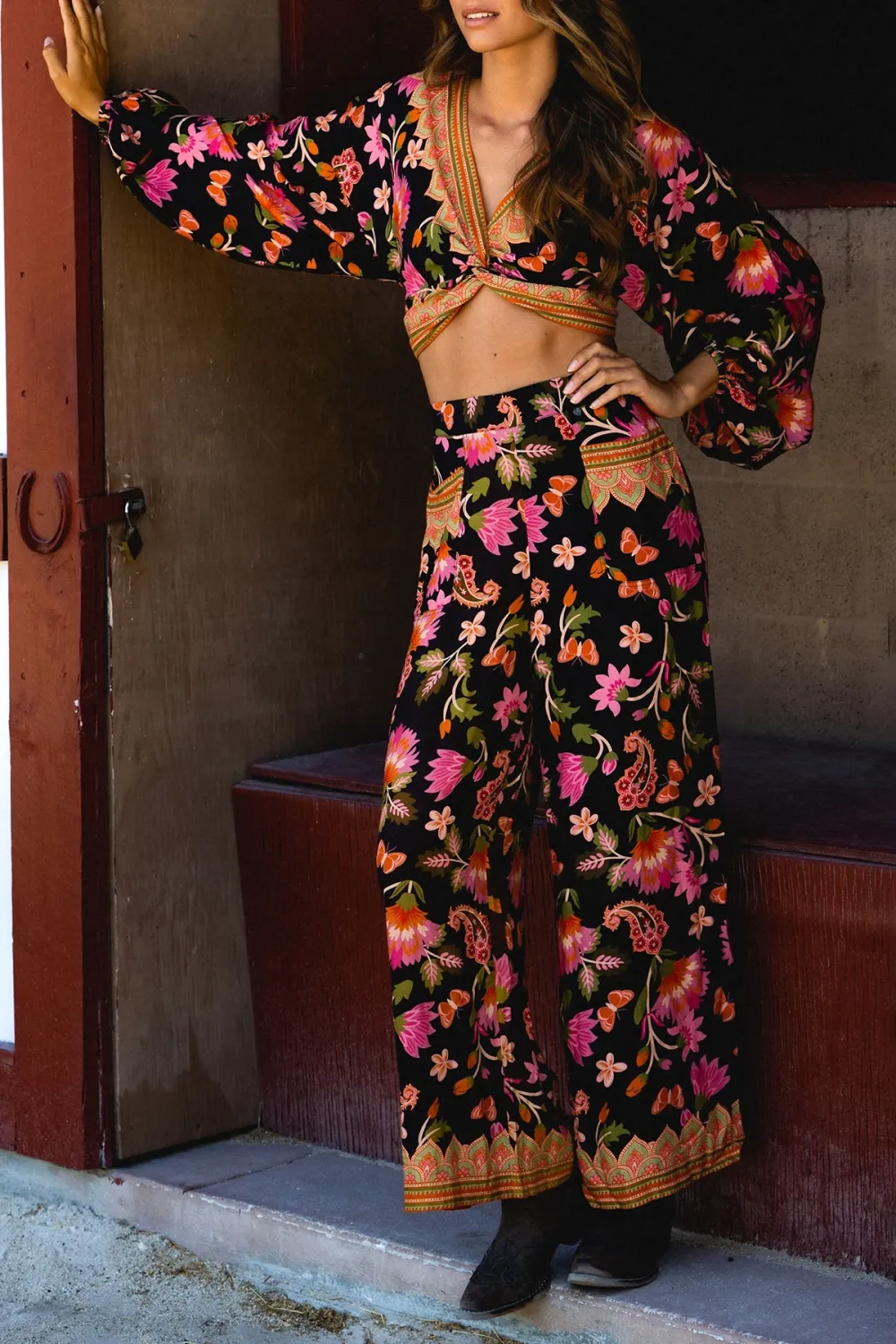 Black And Pink Floral Print Wrap Crop Top