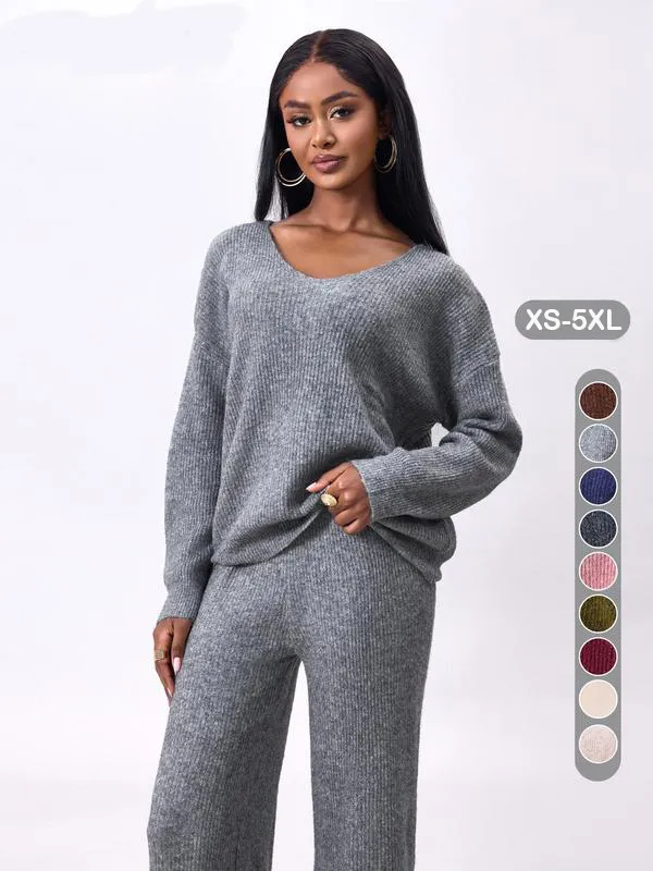 Women's Solid Color Drop Shoulder Sweater & Pants