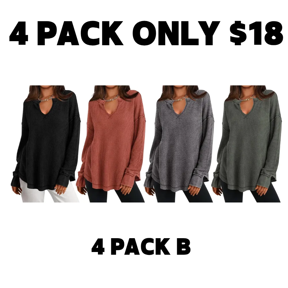 Women‘s Waffle Knit Long Sleeve Casual V Neck Shirts