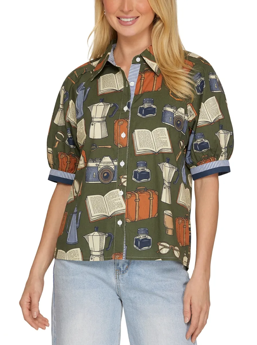 Women's Travel Book Lover Camera Coffee Printed Shirt