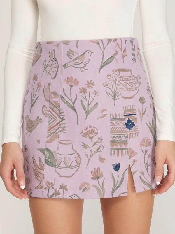 Women's Boho Nature-Inspired Bird Floral Pottery Printed Skirt