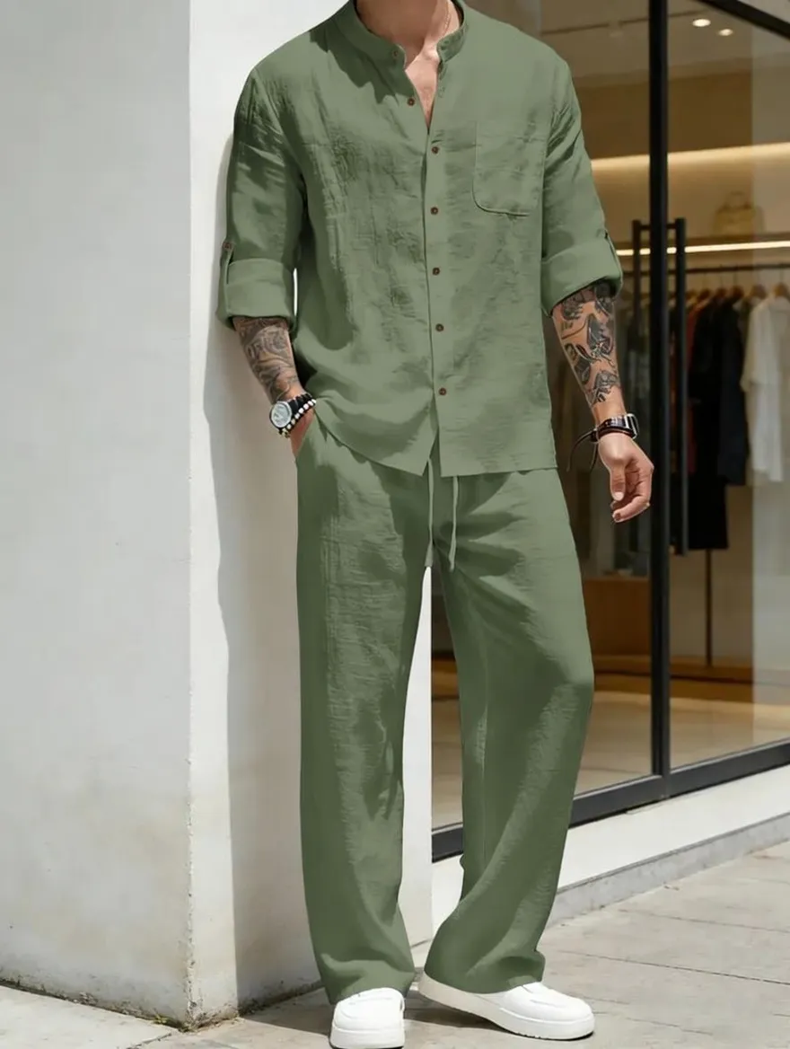 Men's Linen Stand Collar Long Sleeve Casual Suit