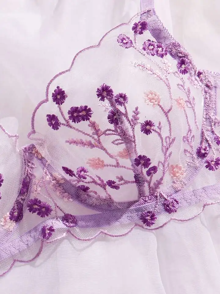 Delicate Floral Embroidered Sheer Lingerie Set