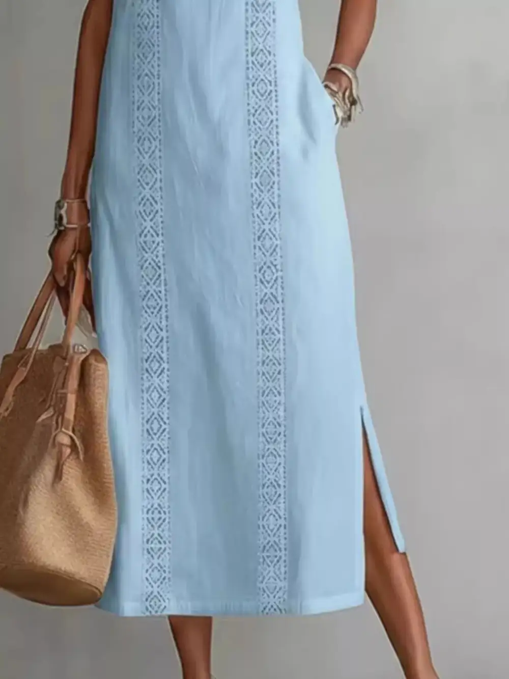 Sleeveless Lace Trim Pocketed Midi Dress