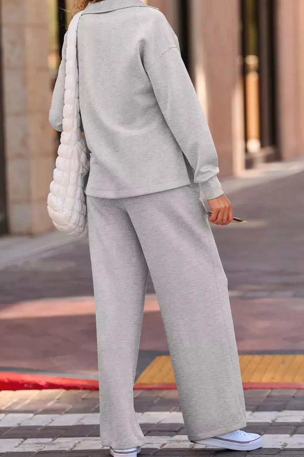 Solid Color V Neck Top and High Waist Pants Set