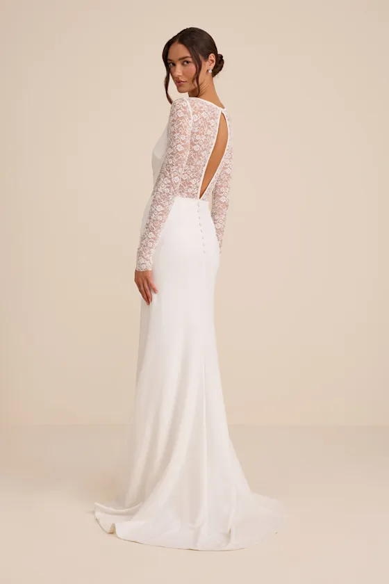 Brooks White Lace Boat Neck Mermaid Maxi Dress