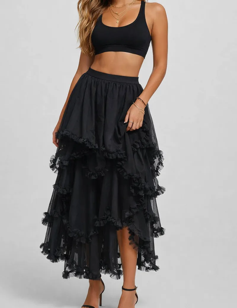 Sheer Mesh Elastic Waist Tiered Ruffle Midi Skirt