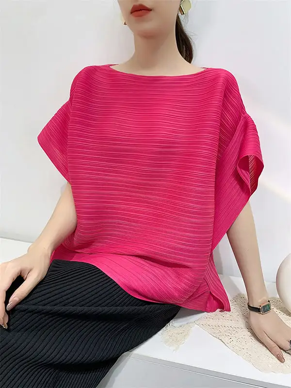 Batwing Sleeve Relaxed Pleat Detail Round Neck T-Shirt
