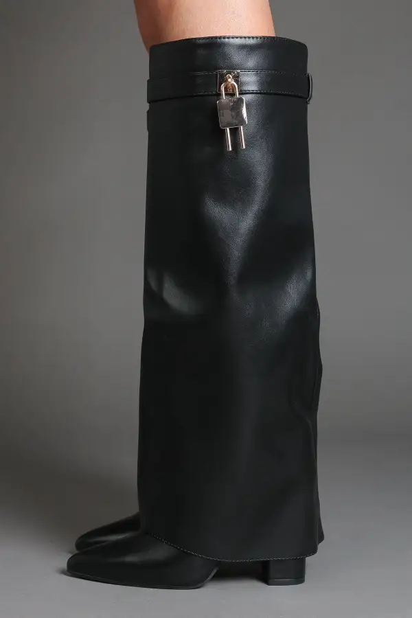 Slouch Fold-Over Padlock Detail Buckle Detail Knee High Boots