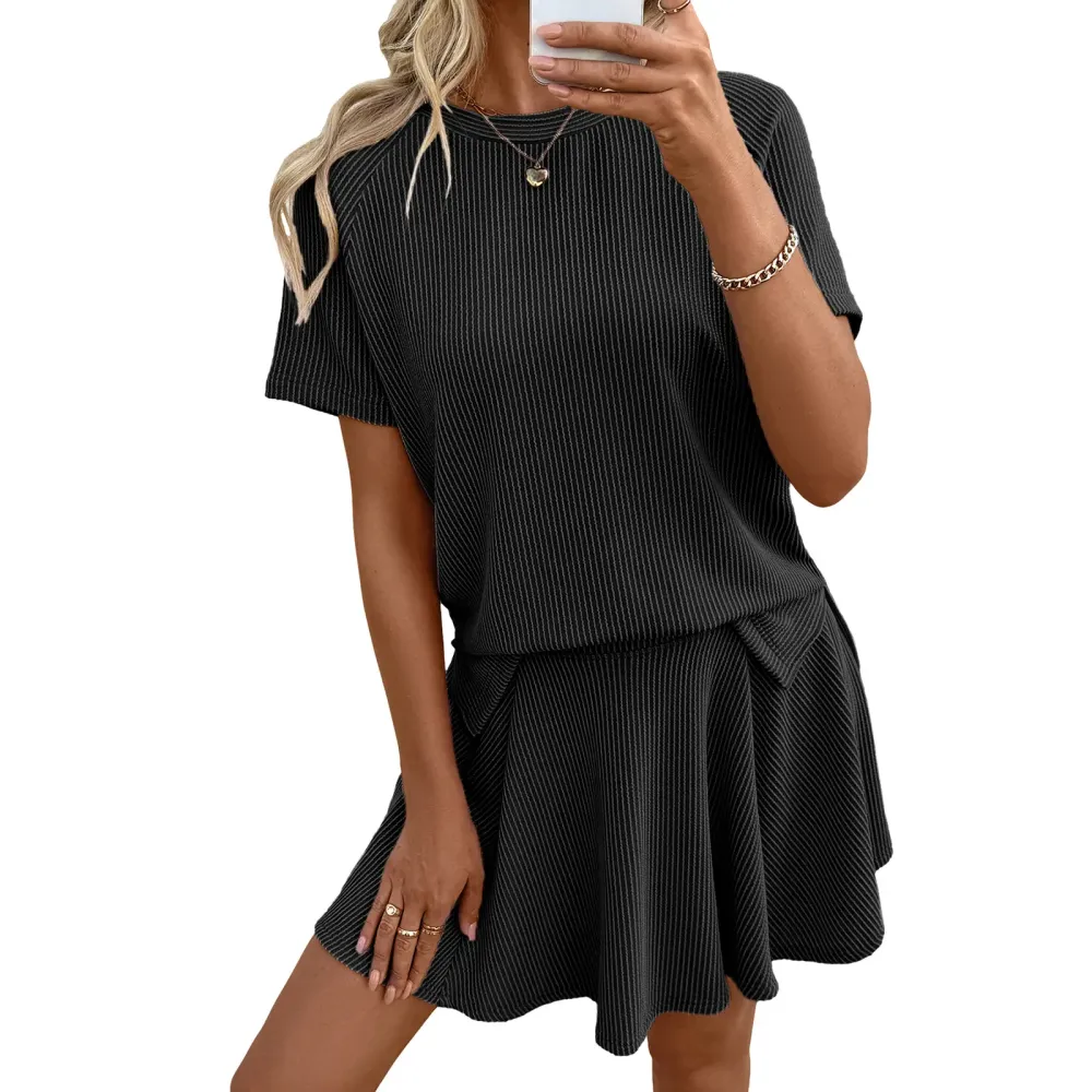 Women's Ribbed Knit Short Sleeve Top & Pleated Mini Skirt Set