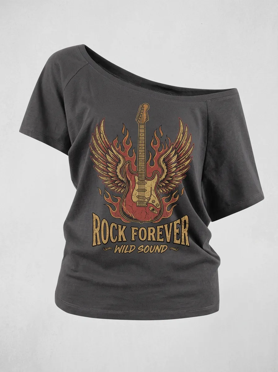 Women's Rock Music Lover Flaming Guitar Wings Printed Off-Shoulder Top