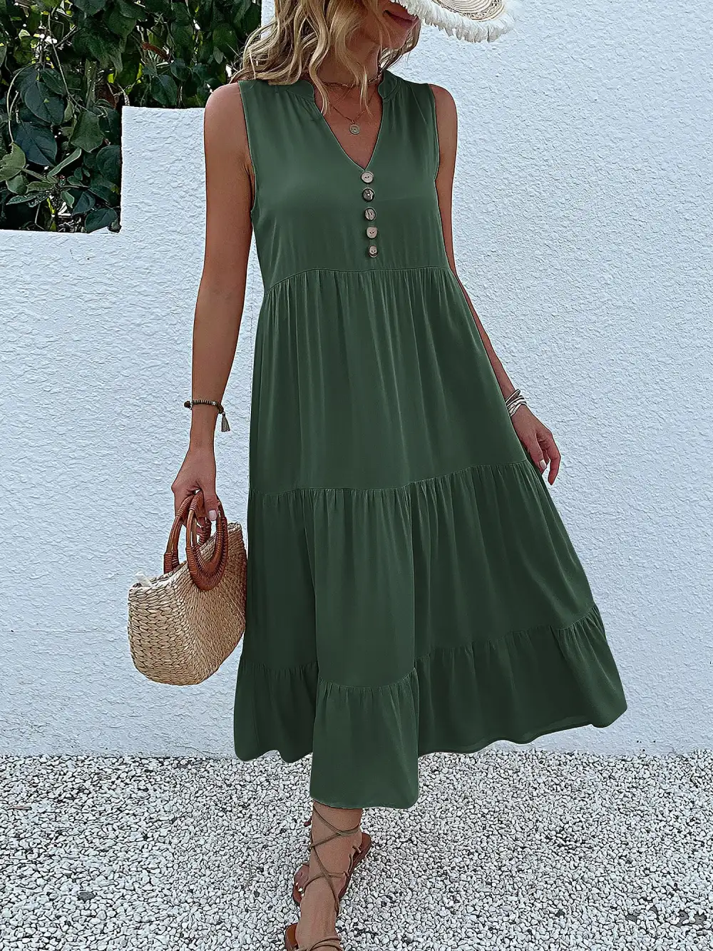 Notch-Neck Buttoned Sleeveless Tiered Midi Dress