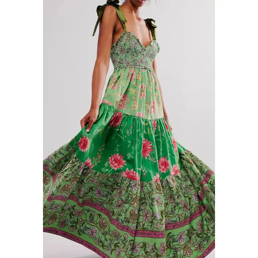 Floral Tiered Maxi Dress with Mixed Print Design