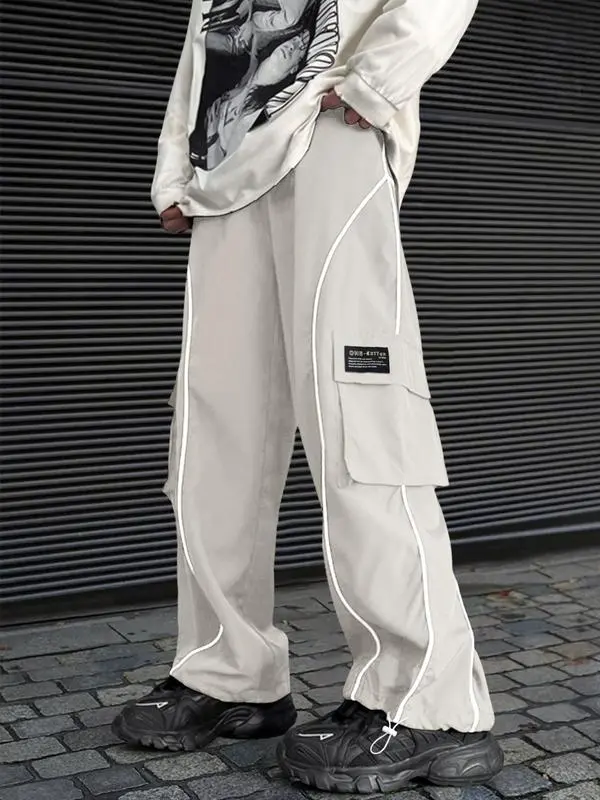 Men’s Loose Fit Cargo Pants with Letter Patch & Contrast Binding – Casual Drawstring Trousers for Spring, Fall & Winter