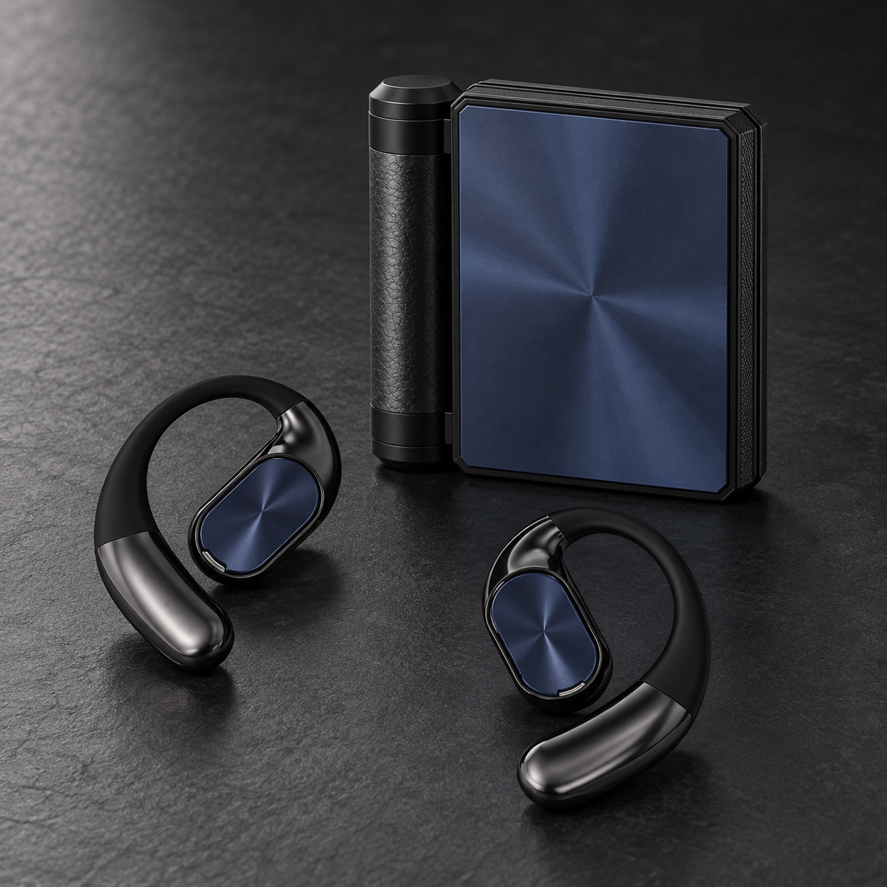 Black open-ear earbuds and navy-inset folding charging case