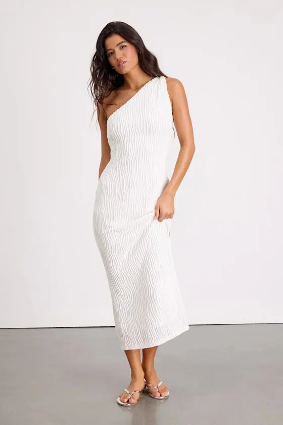 Aristea White Textured One-Shoulder Midi Dress