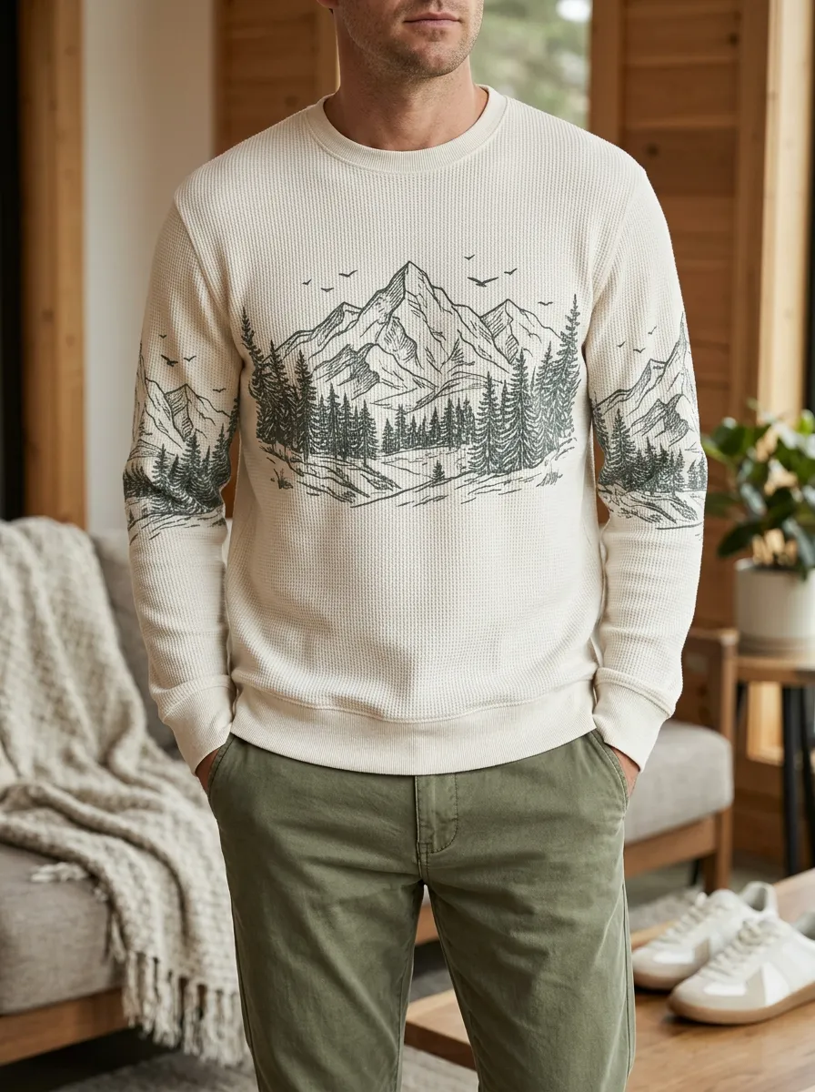Men's Off-White Graphic Printed Waffle Crewneck Sweatshirt