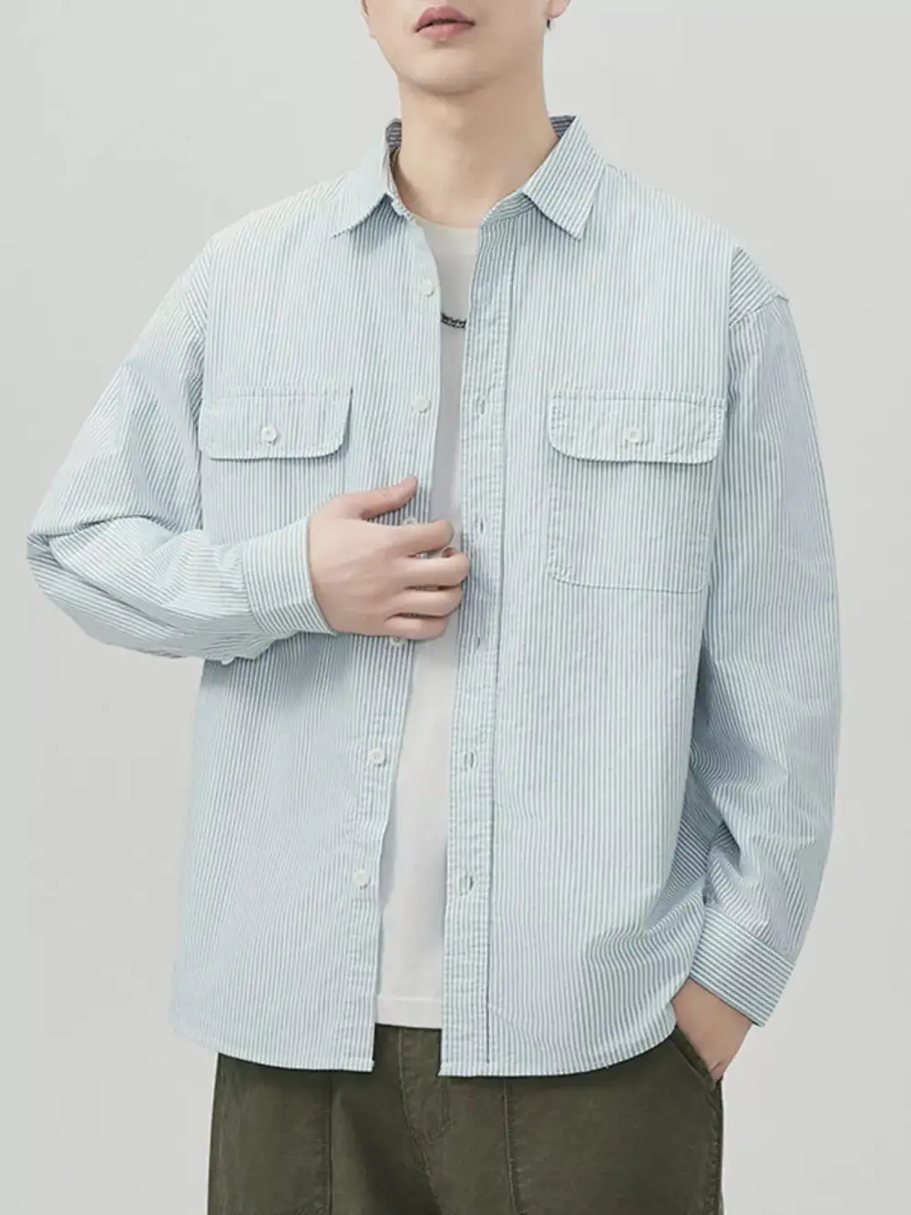Tailored Long-Sleeve Striped Button-Up Shirt