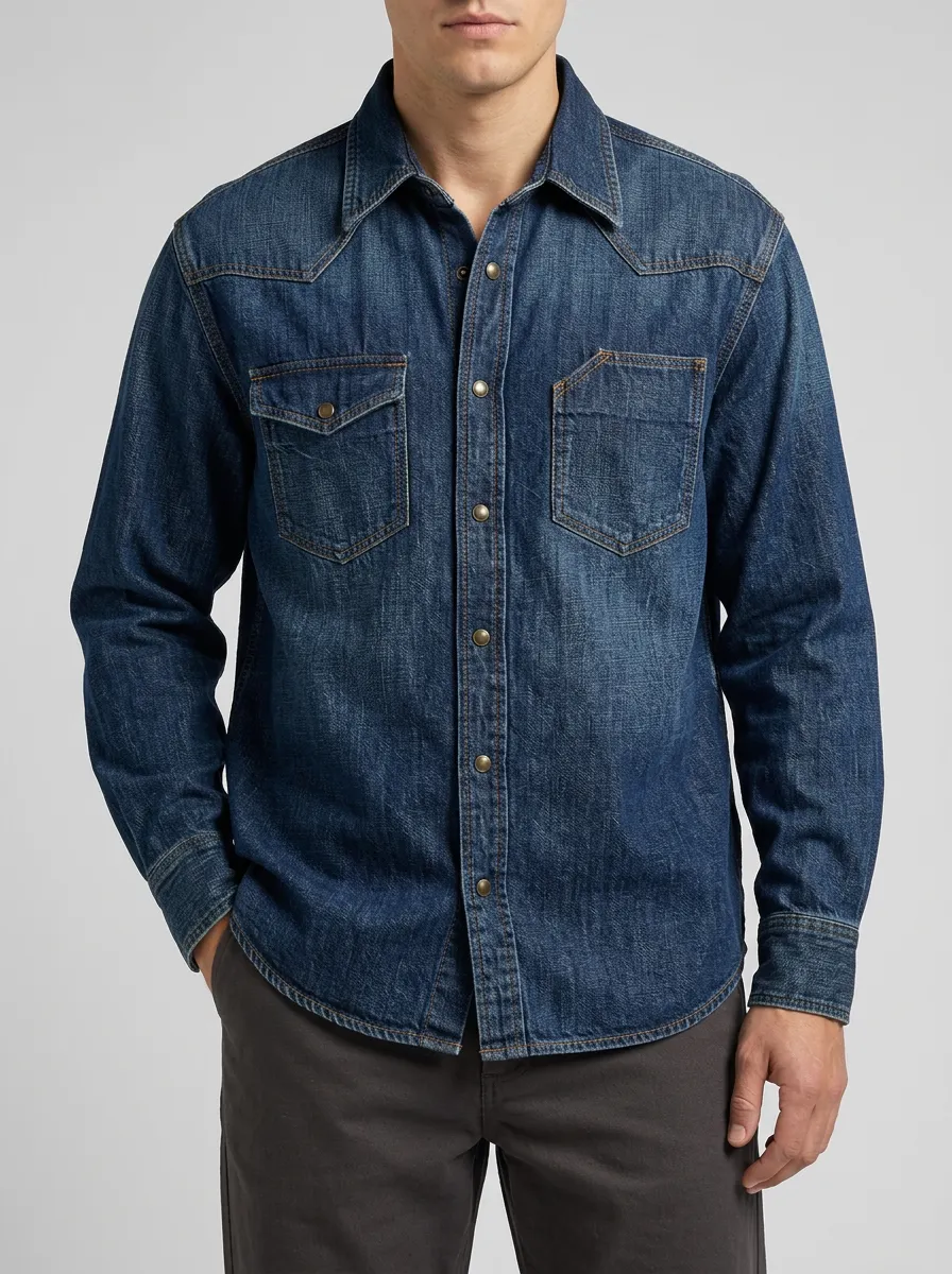 Western-Style Denim Front-Opening Shirt in a Vintage-Washed Finish