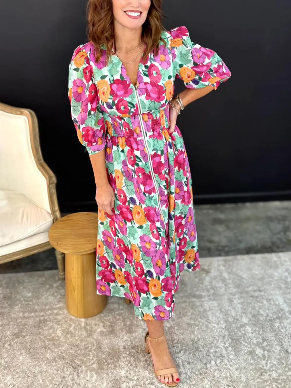 Polished Detail Floral Printed V Neck Dress