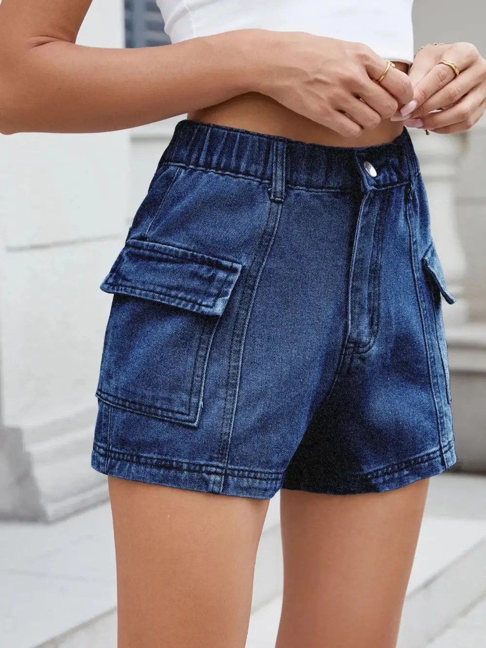 High-Waist Cargo Denim Shorts