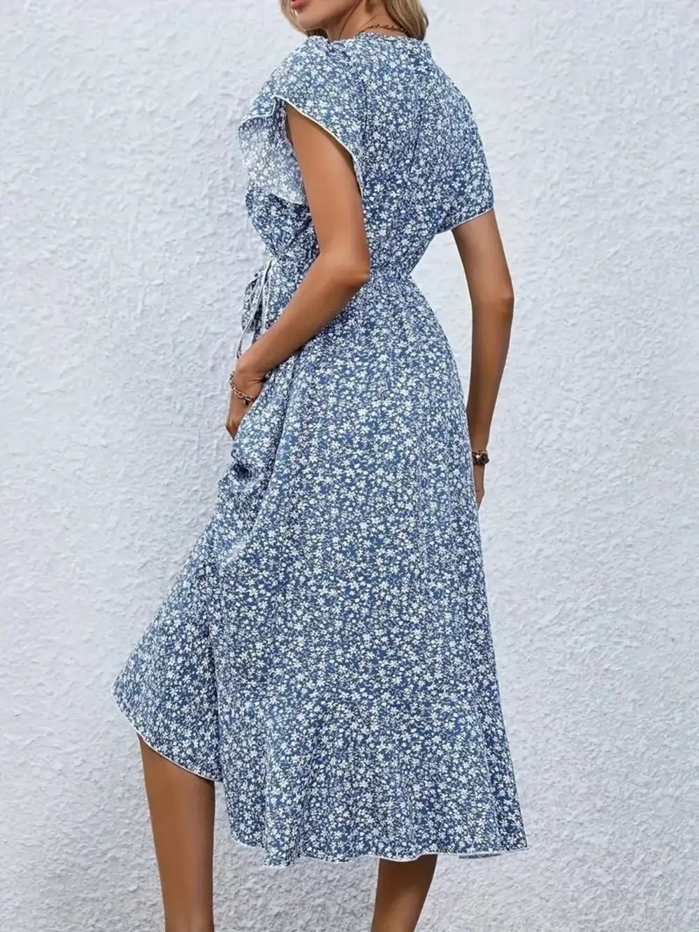 Print Ruffle Hem Wrap Midi Dress