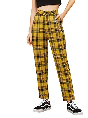 Women's Tartan Plaid Mid Waist Straight Pants