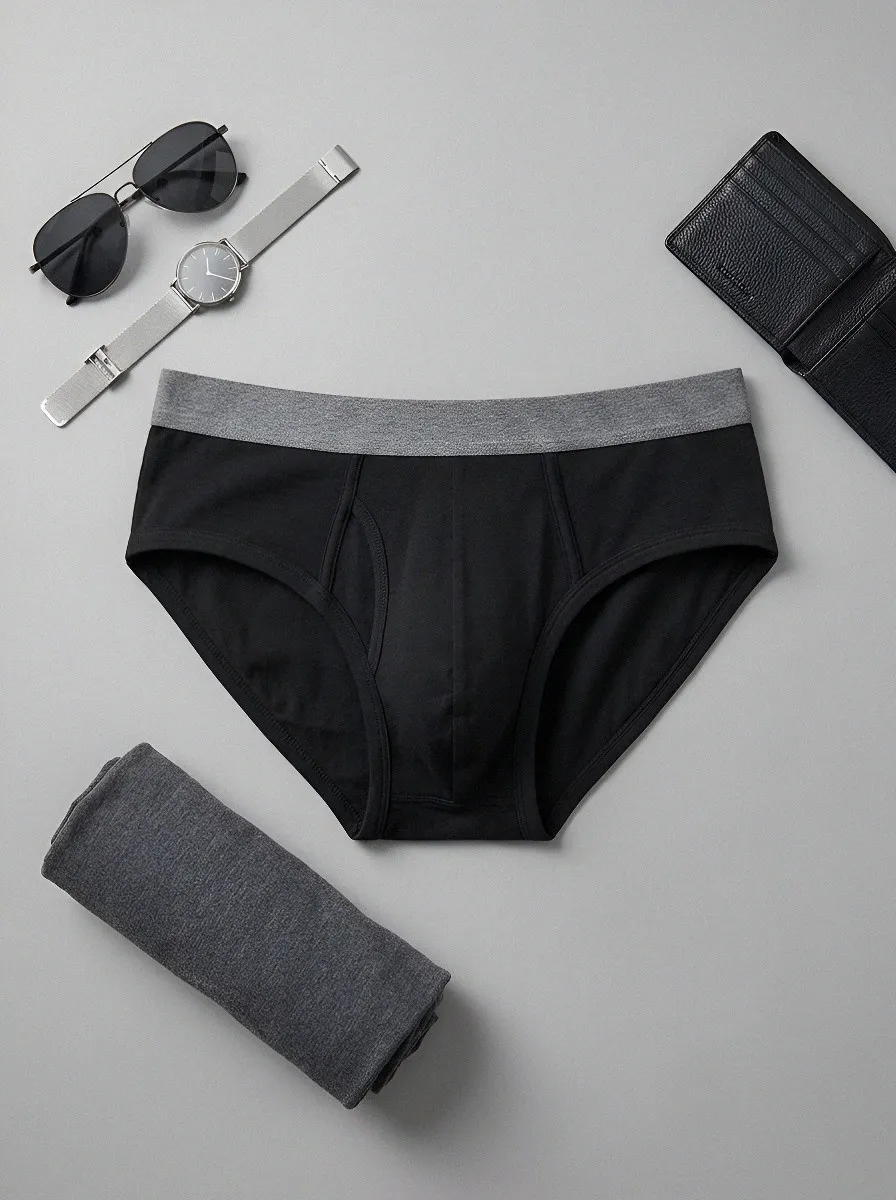 Men's Minimalist Black Grey Waistband Cotton Briefs