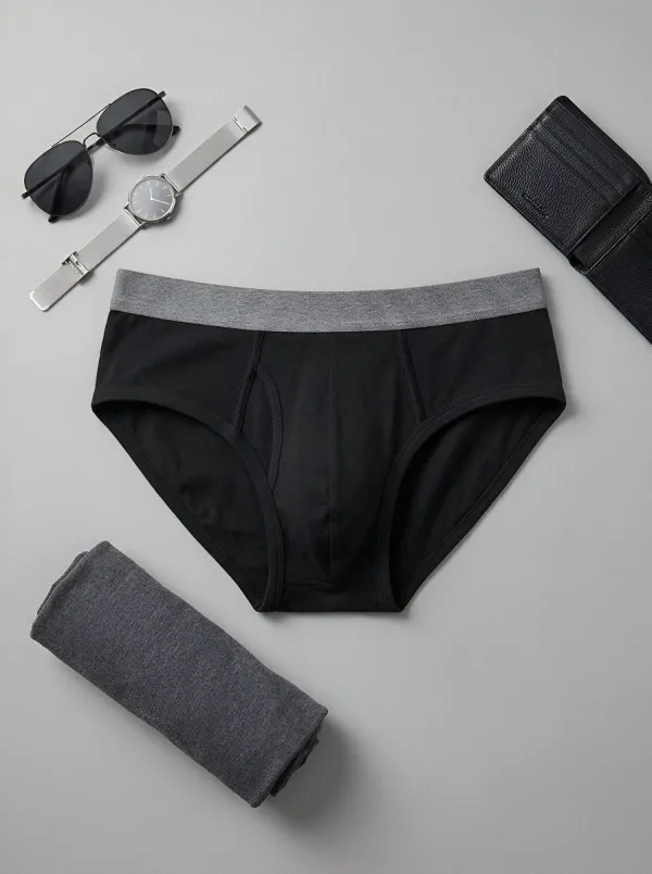 Men's Minimalist Black Grey Waistband Cotton Briefs