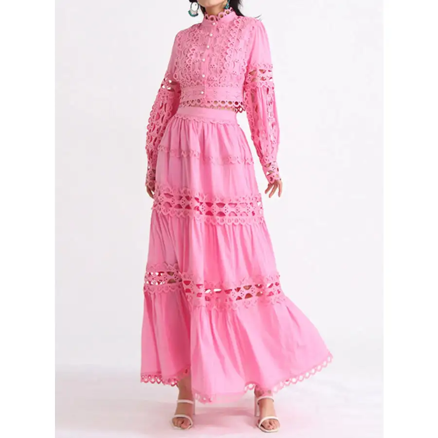 Lace Button Up Long Sleeve Top and Skirt Set
