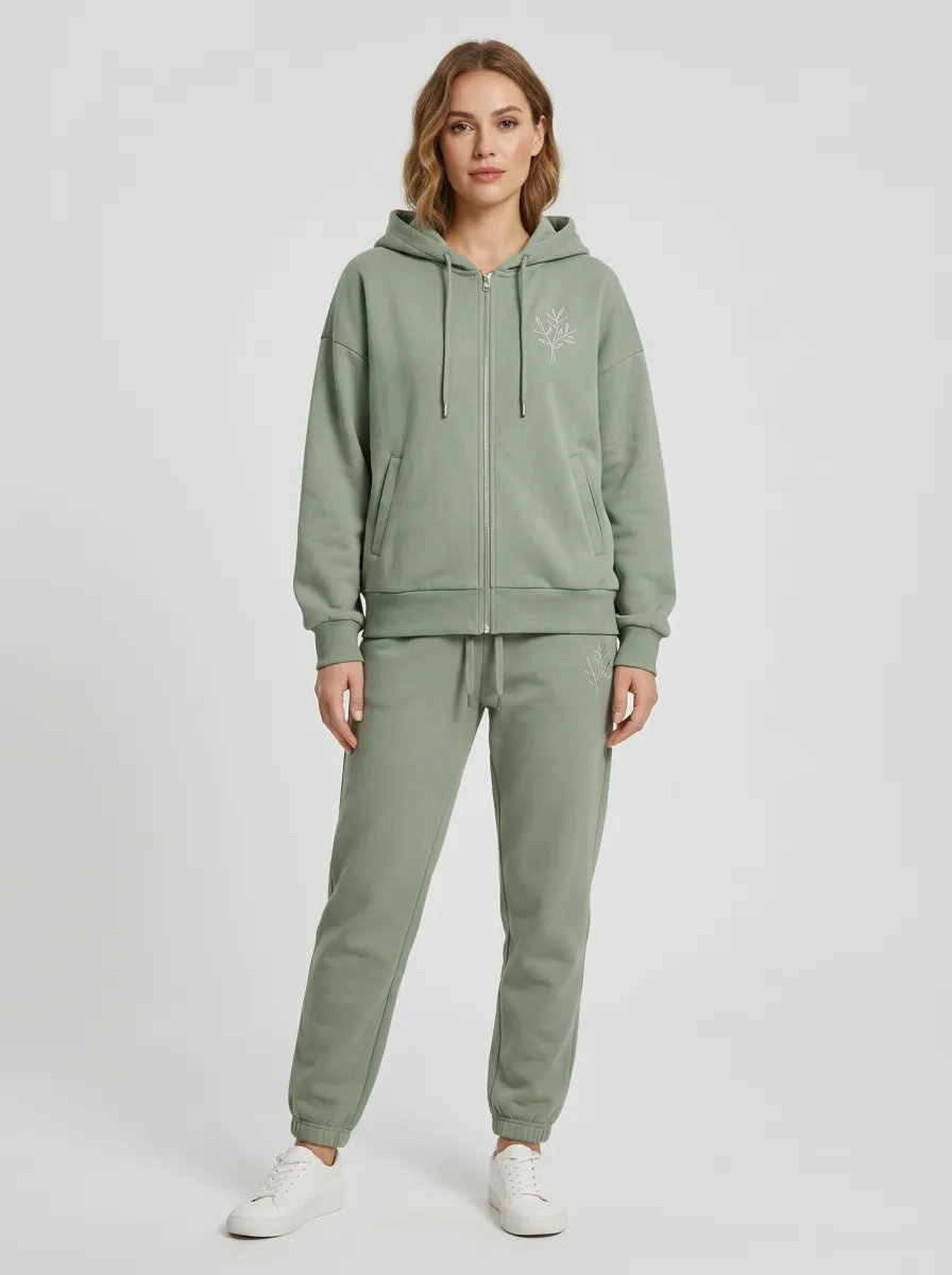 Women's Sage Green Tapered Joggers Drawstring Hood Zip-Up Hoodie Jacket & Jogger Set