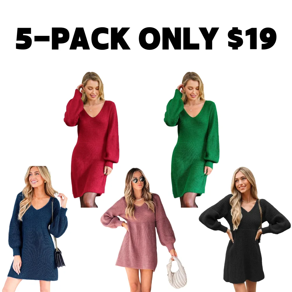 Women's Casual Sweater Dress for Christmas VNeck Honeycomb Long Sleeve Textured Knit Pullover Dresses Womenswear Fall Dress Early Autumn