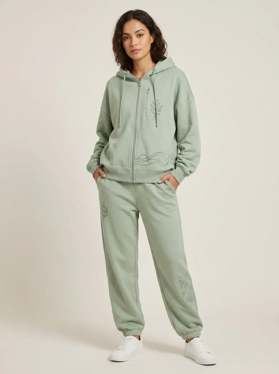 Women's Sage Green Modern Zip-Up Hoodie Jacket & Jogger Set