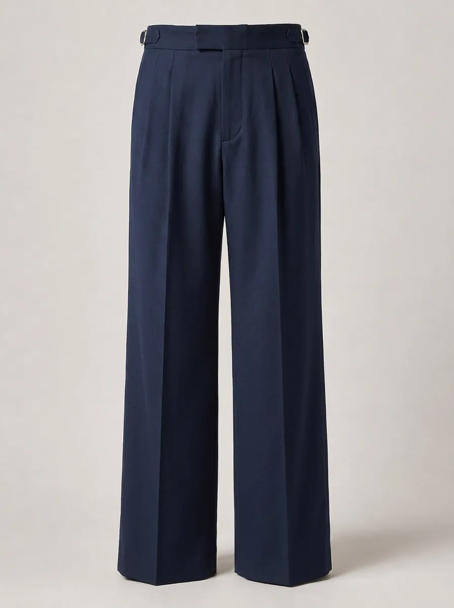 Men's Navy Blue Pleated Side-Adjuster Formal Trousers