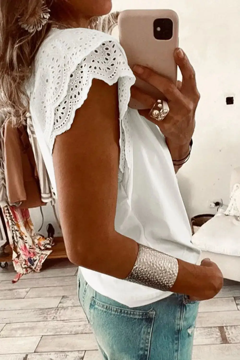 Eyelet Embroidered Flutter Sleeve Patchwork V Neck