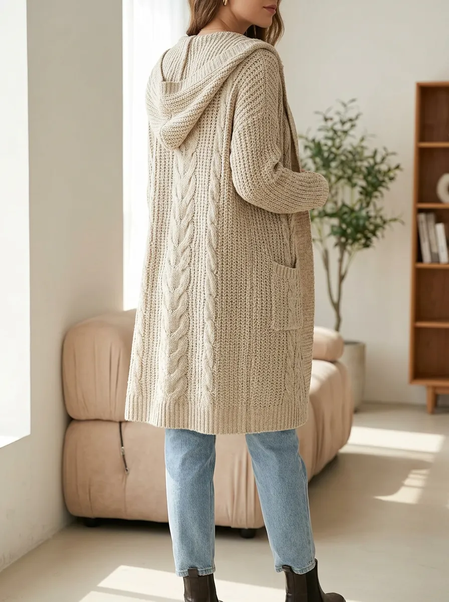 Women's Cable Knit Hooded Long Cardigan