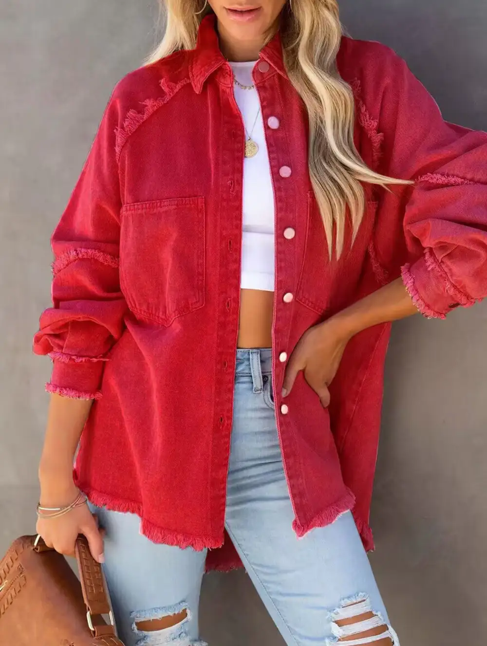 Loose Raw Edge Patchwork Pocket Denim Shirt Jacket