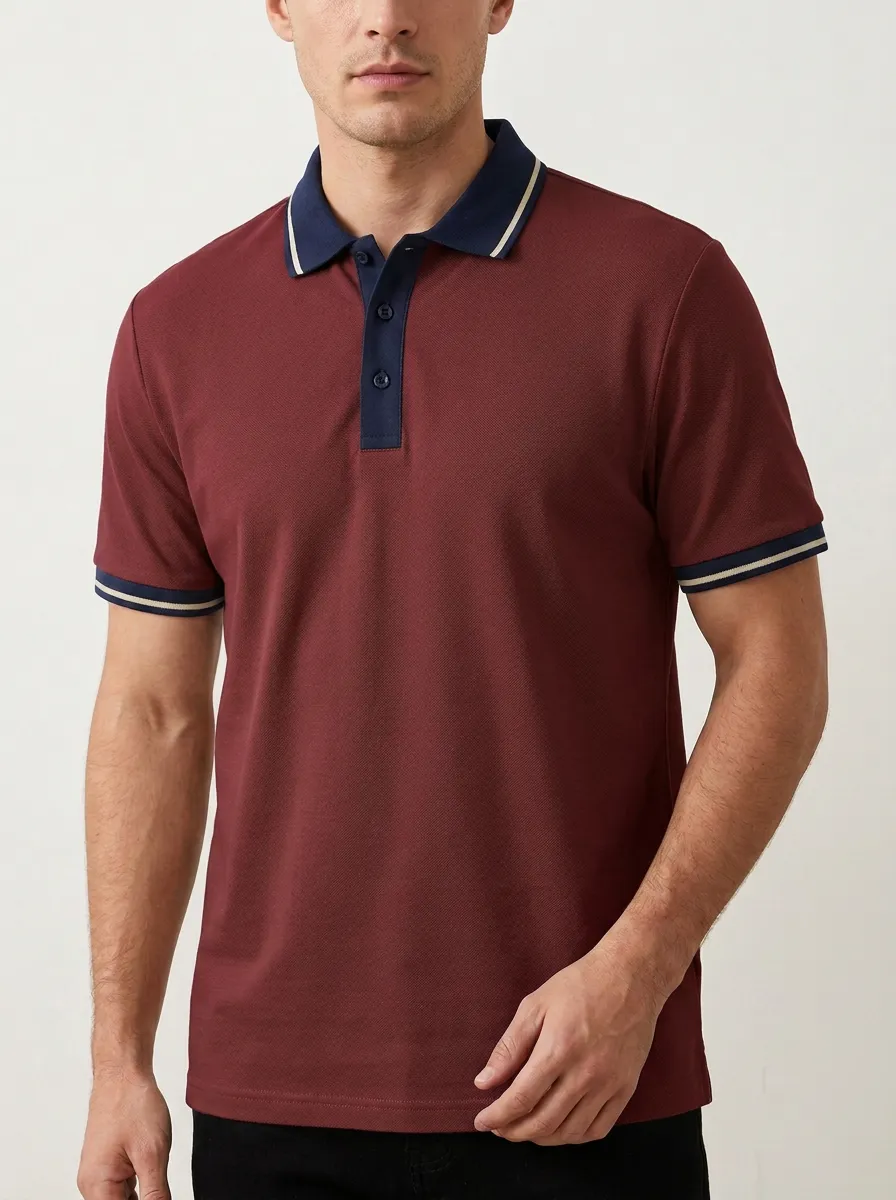 Men's Beige Contrast-Collar Stripe Cuff Polo Shirt