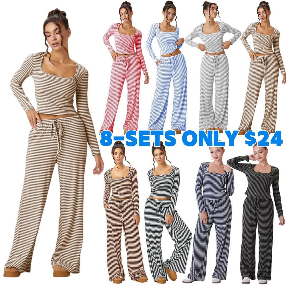 Women's Slouchy Square Neck Stripe Long Sleeve Crop Top & Low-Rise Wide Leg Trousers Co-ord